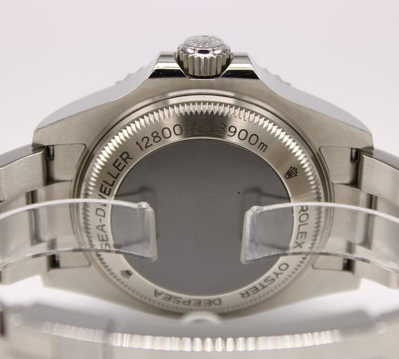 Rolex Sea-Dweller Deepsea stainless steel watch back with engraved depth rating 12,800 ft / 3,900 m and crown logo.